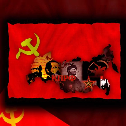 A vibrant HD desktop wallpaper featuring imagery related to communism, including the hammer and sickle, historical figures, and symbolic elements against a bold red background.