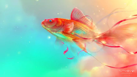 Vibrant goldfish with flowing fins swimming against a soft turquoise-to-peach gradient — colorful HD PC desktop wallpaper and animal background