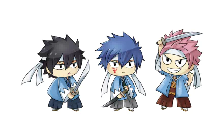 Chibi-style HD anime wallpaper featuring Fairy Tail characters Jellal Fernandes, Gray Fullbuster, and Natsu Dragneel in blue-themed outfits.