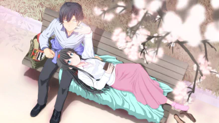 HD desktop wallpaper featuring Yukino Yukinoshita and Hachiman Hikigaya from My Teen Romantic Comedy SNAFU, sitting on a park bench under cherry blossoms.