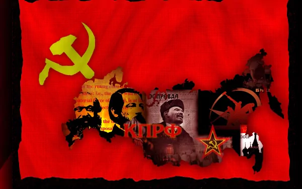 A vibrant HD desktop wallpaper featuring imagery related to communism, including the hammer and sickle, historical figures, and symbolic elements against a bold red background.