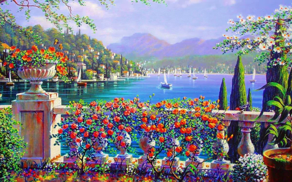 A vibrant artistic painting of a colorful flower garden on a terrace overlooking a serene sea and boats in the distance, set against a picturesque Italian landscape.