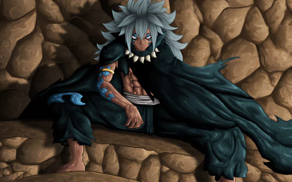 HD desktop wallpaper of Acnologia from the anime Fairy Tail, depicted sitting against a rocky background with a fierce expression.