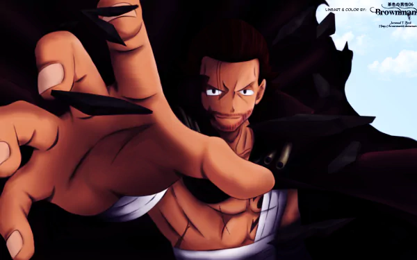 HD PC desktop wallpaper featuring Gildarts Clive from the anime Fairy Tail reaching forward with an intense expression against a partly cloudy sky background.