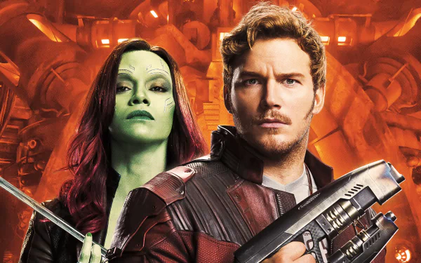 4K Ultra HD wallpaper featuring Zoe Saldana as Gamora and Chris Pratt as Star-Lord (Peter Quill) from Guardians of the Galaxy Vol. 2.