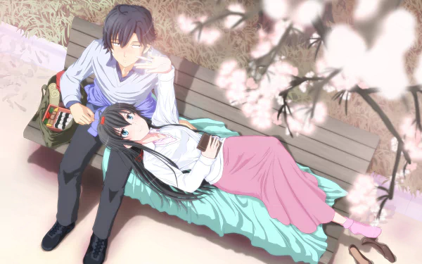 HD desktop wallpaper featuring Yukino Yukinoshita and Hachiman Hikigaya from My Teen Romantic Comedy SNAFU, sitting on a park bench under cherry blossoms.