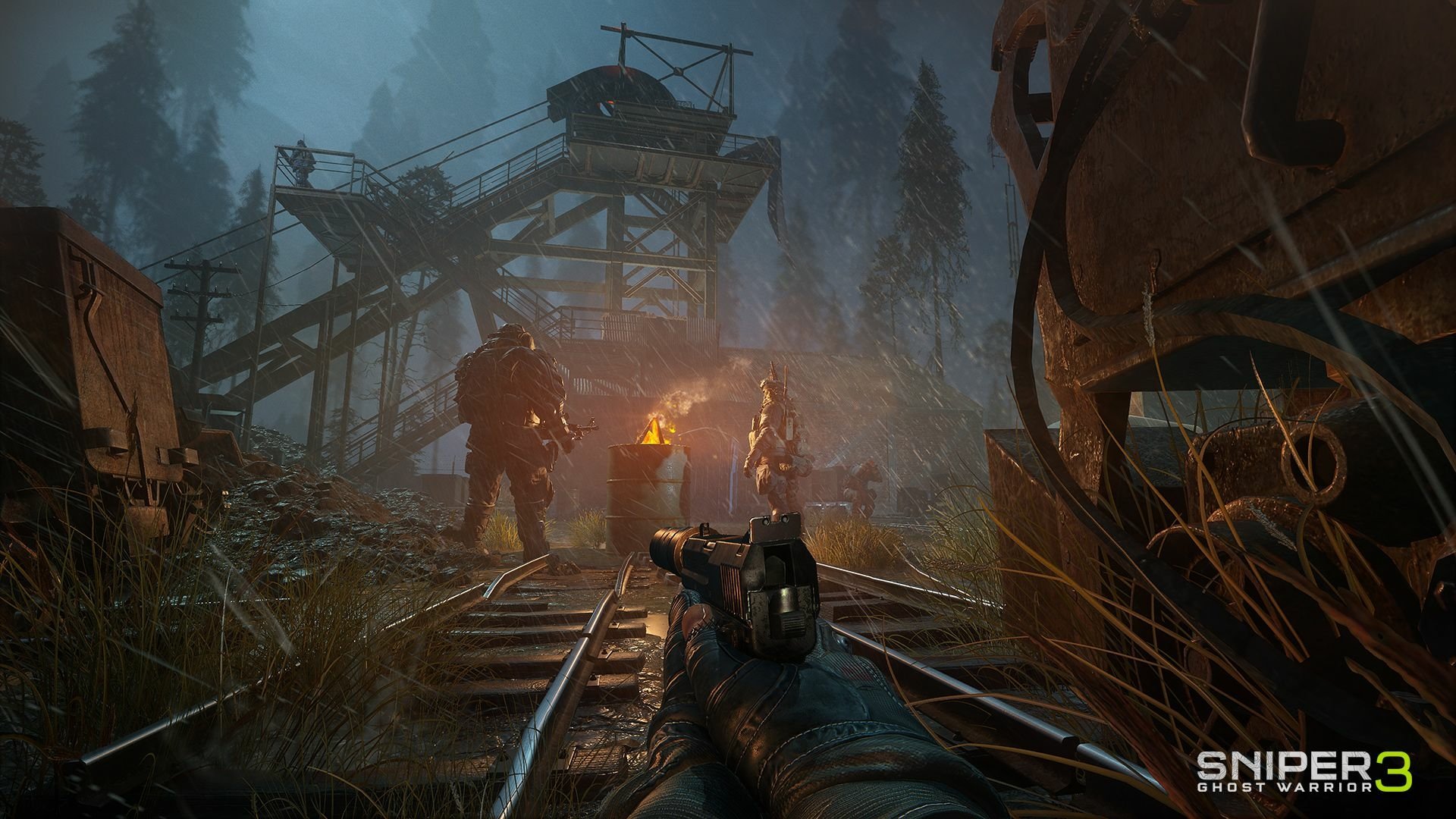 HD wallpaper of Sniper: Ghost Warrior 3 featuring a first-person perspective aiming down a pistol at soldiers by a lit campfire on a railway track at dusk.
