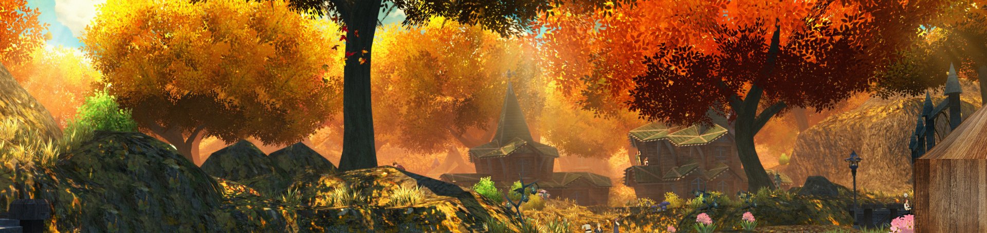 HD PC desktop wallpaper from the video game Tales of Berseria, depicting a sunlit autumn forest scene with vibrant orange foliage and rustic wooden structures.