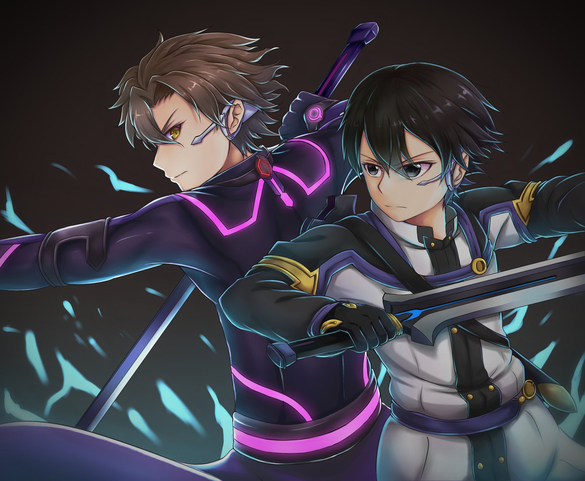 HD desktop wallpaper featuring Kirito and Eiji from the anime Sword Art Online Movie: Ordinal Scale, depicted in an intense stance ready for battle.