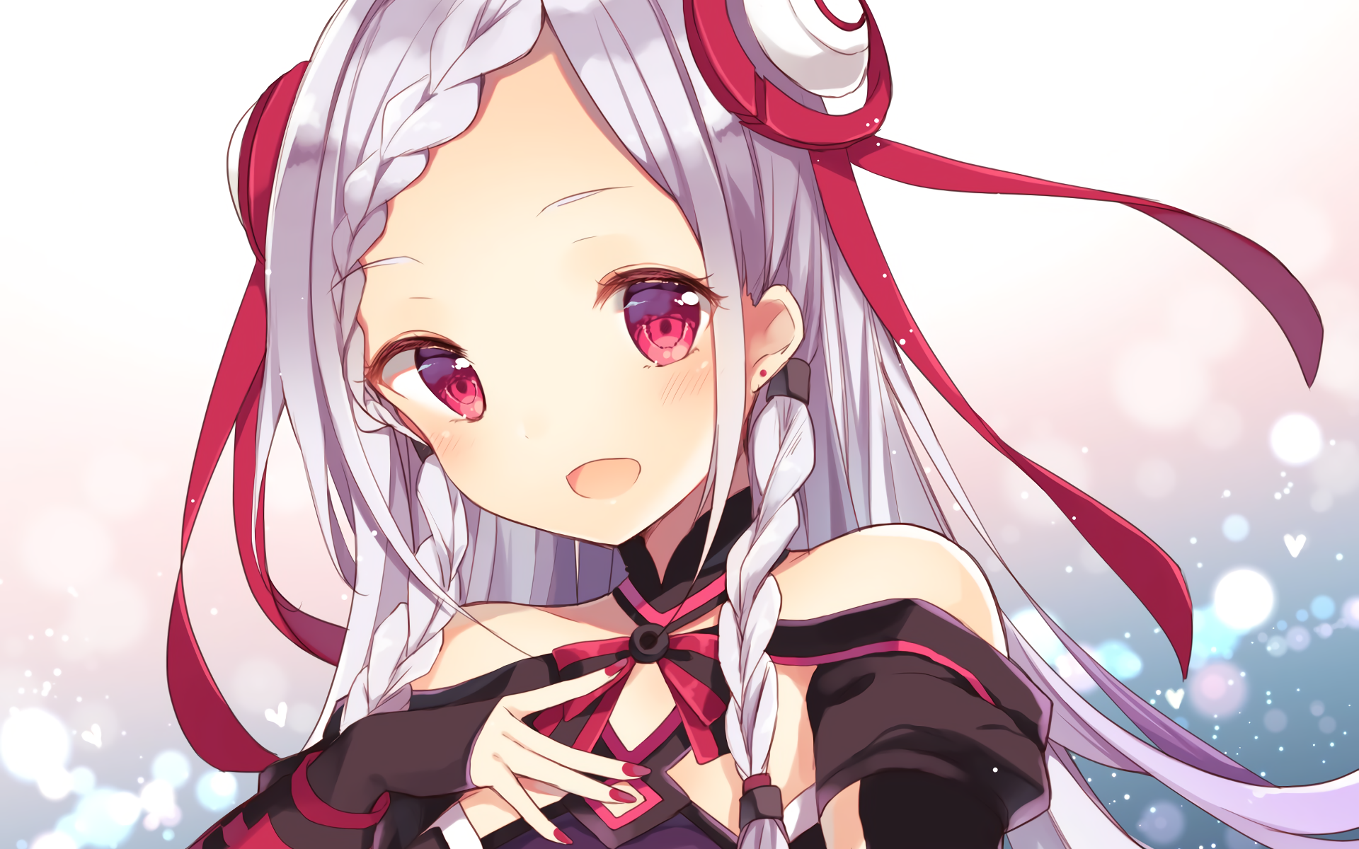 HD PC desktop wallpaper/background of Yuna (Sword Art Online) from Sword Art Online Movie: Ordinal Scale — anime portrait with silver braided hair, red ribbons and a gentle smile.