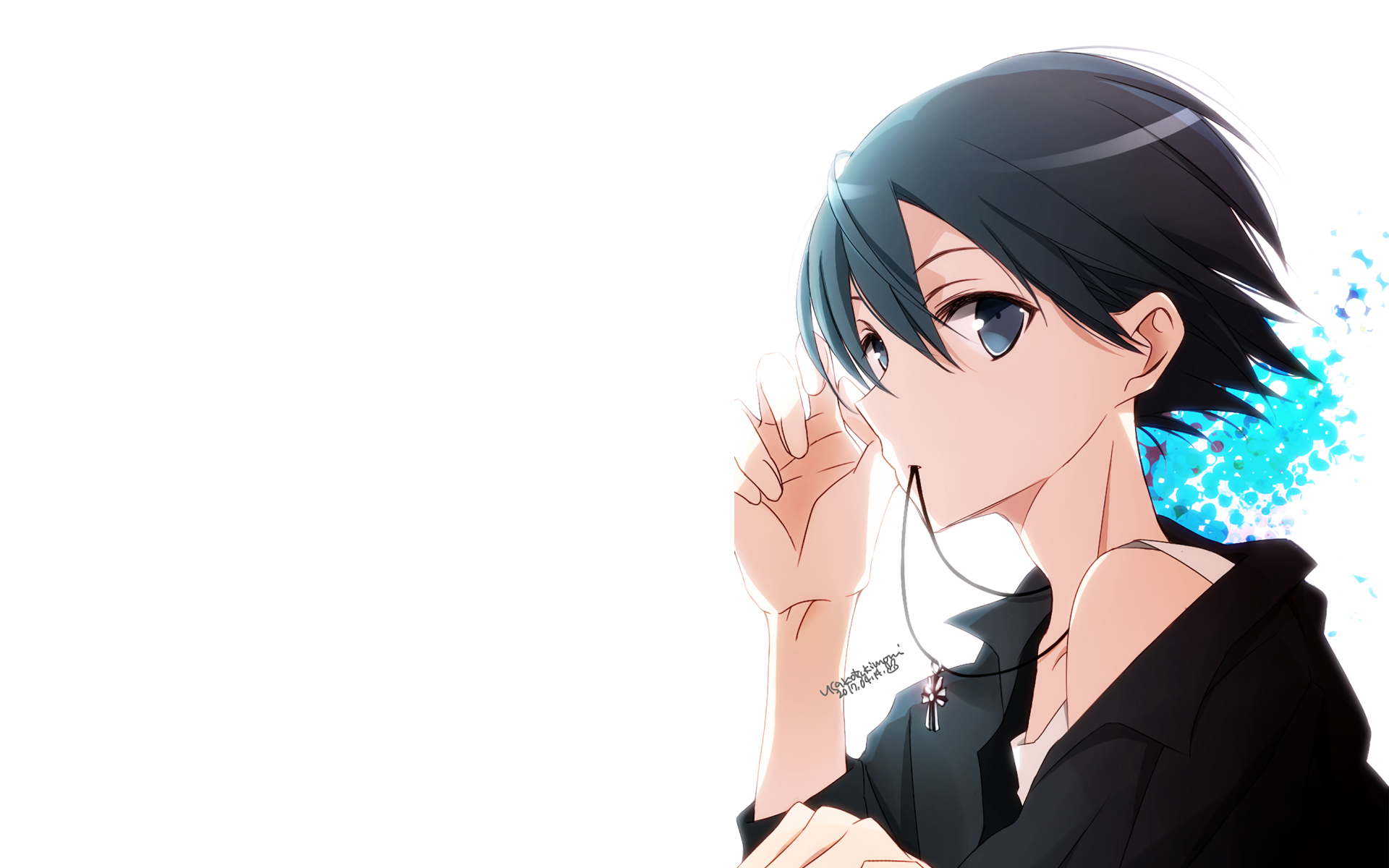 HD PC desktop wallpaper featuring Kirito from the anime Sword Art Online, depicted with a calm expression and a bright, abstract blue background.