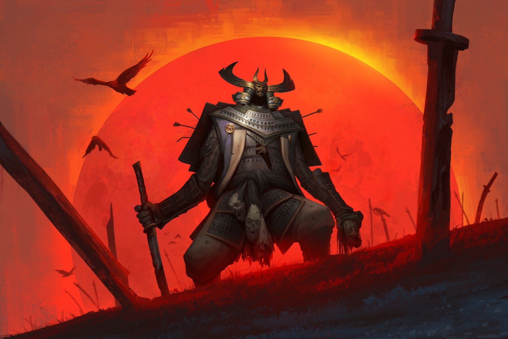 A fantasy samurai warrior clad in armor kneels on a battlefield with swords around, set against a large red moon and a fiery orange sky.