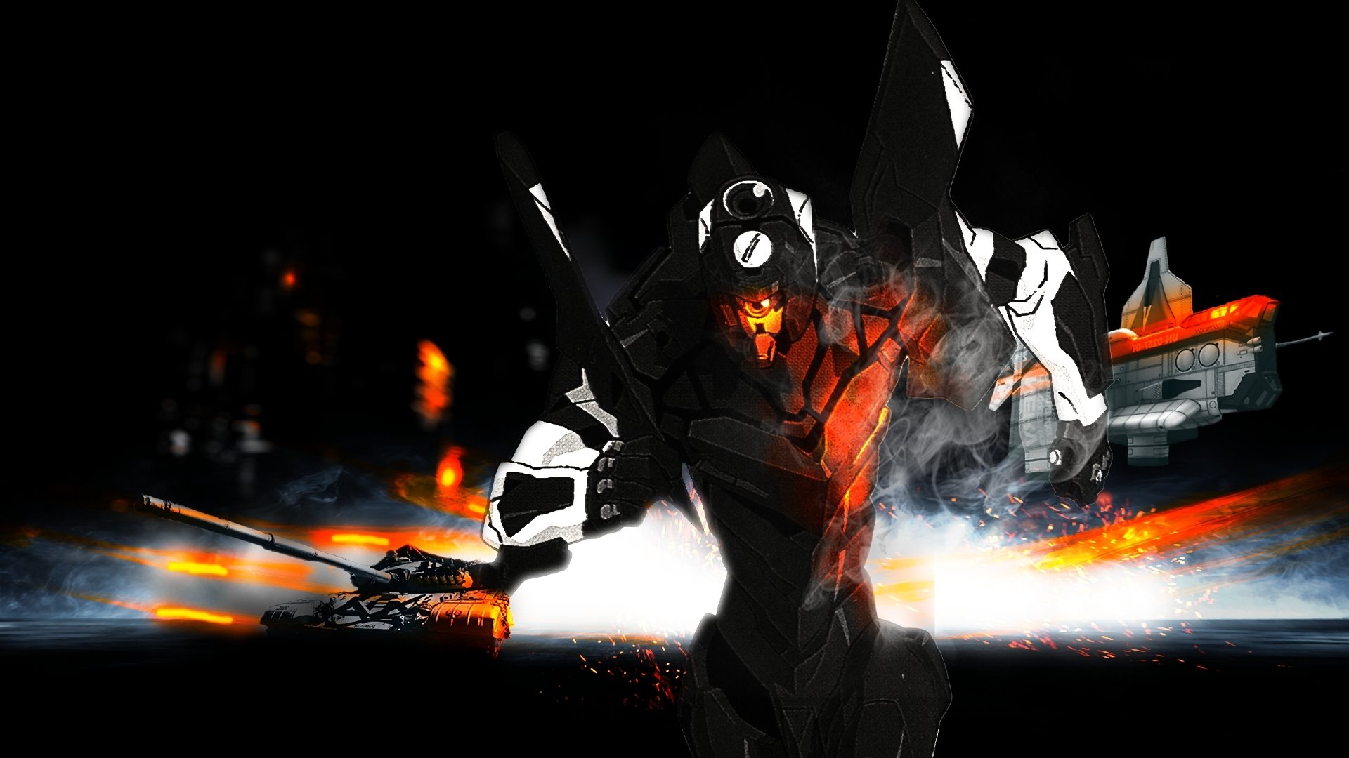 HD PC desktop wallpaper featuring a dramatic, fiery scene from the anime Neon Genesis Evangelion, showcasing a mecha in an intense battle setting.