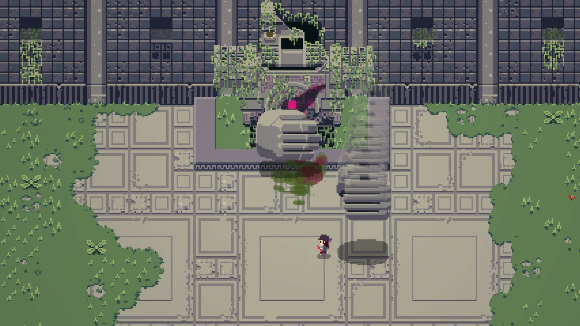 HD desktop wallpaper from Titan Souls featuring a pixelated character approaching a large, mysterious doorway overgrown with vines.