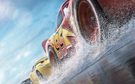 HD desktop wallpaper from Cars 3 featuring Cruz Ramirez and Lightning McQueen racing on a wet track.