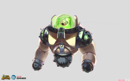 HD desktop wallpaper featuring a character from Portal Knights, showcasing a robust armor design with a green visor.