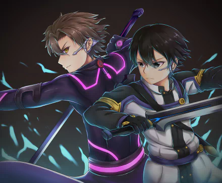 HD desktop wallpaper featuring Kirito and Eiji from the anime Sword Art Online Movie: Ordinal Scale, depicted in an intense stance ready for battle.