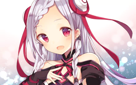 HD PC desktop wallpaper/background of Yuna (Sword Art Online) from Sword Art Online Movie: Ordinal Scale — anime portrait with silver braided hair, red ribbons and a gentle smile.