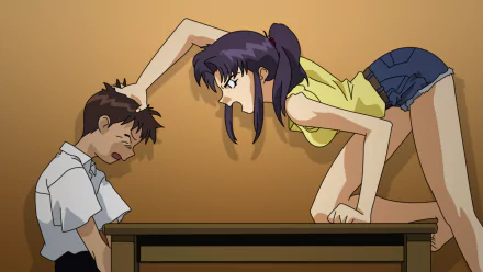 HD PC desktop wallpaper of Misato Katsuragi and Shinji Ikari from Neon Genesis Evangelion: Misato leans on a table scolding a slumped, distressed Shinji in an anime scene.