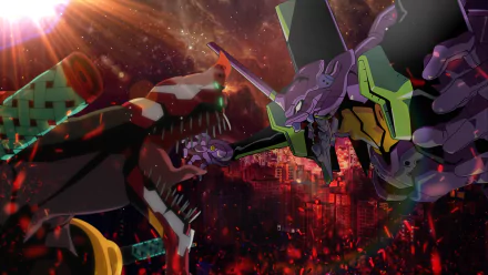 HD desktop wallpaper featuring Evangelion Unit-02 and Unit-01 from the anime Neon Genesis Evangelion in a dynamic urban battle scene.