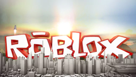 HD desktop wallpaper featuring the word Roblox prominently in red and white, set against a stylized cityscape background with a sunrise or sunset.