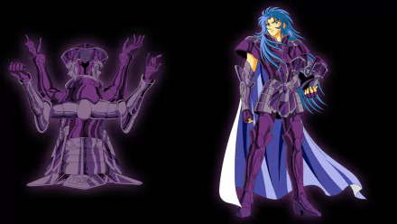 HD PC desktop wallpaper featuring Gemini Saga in Surplice armor from the anime Saint Seiya, showcasing vibrant colors and detailed character design on a dark background.