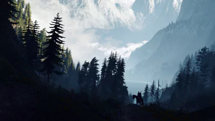Geralt of Rivia stands amid a misty mountain landscape from The Witcher 3: Wild Hunt, captured in a 4K Ultra HD video game desktop wallpaper.