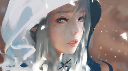 HD desktop wallpaper featuring a stunning Comic artwork from GhostBlade. The image depicts a character with blue eyes, wearing a hood, and displaying a serene facial expression.