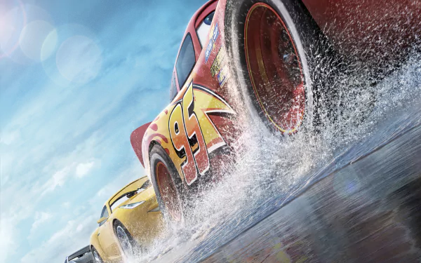 HD desktop wallpaper from Cars 3 featuring Cruz Ramirez and Lightning McQueen racing on a wet track.