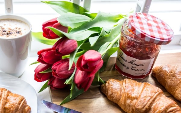 Food Breakfast Still Life Jam Croissant Red Flower Tulip HD Wallpaper | Background Image
