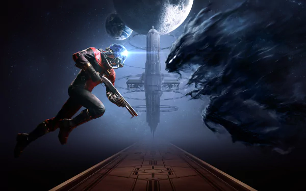 HD desktop wallpaper: A Sci-Fi themed image from Prey (2017) video game, featuring a figure in a spacesuit with a weapon, facing a dark shadowy creature against a space station background and celestial bodies.