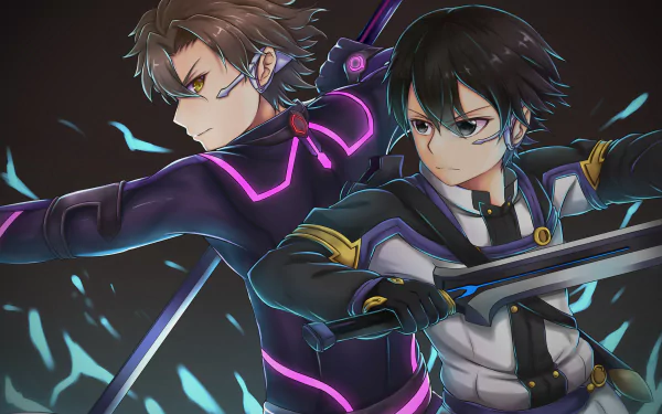 HD desktop wallpaper featuring Kirito and Eiji from the anime Sword Art Online Movie: Ordinal Scale, depicted in an intense stance ready for battle.