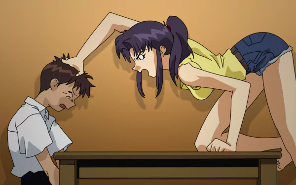 HD PC desktop wallpaper of Misato Katsuragi and Shinji Ikari from Neon Genesis Evangelion: Misato leans on a table scolding a slumped, distressed Shinji in an anime scene.