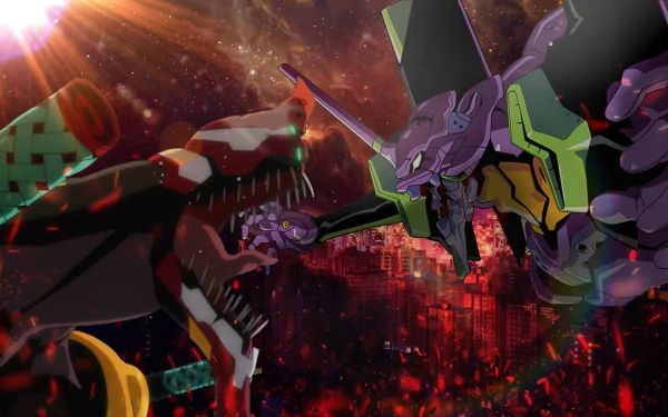 HD desktop wallpaper featuring Evangelion Unit-02 and Unit-01 from the anime Neon Genesis Evangelion in a dynamic urban battle scene.