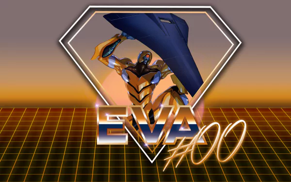 HD PC desktop wallpaper featuring Evangelion Unit-00 from Neon Genesis Evangelion, set against a retro grid background with vibrant orange and purple tones.