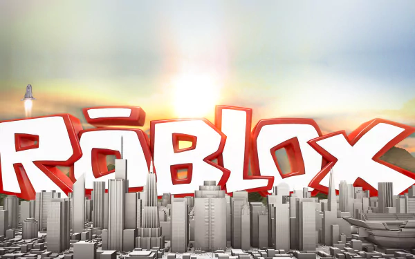 HD desktop wallpaper featuring the word Roblox prominently in red and white, set against a stylized cityscape background with a sunrise or sunset.