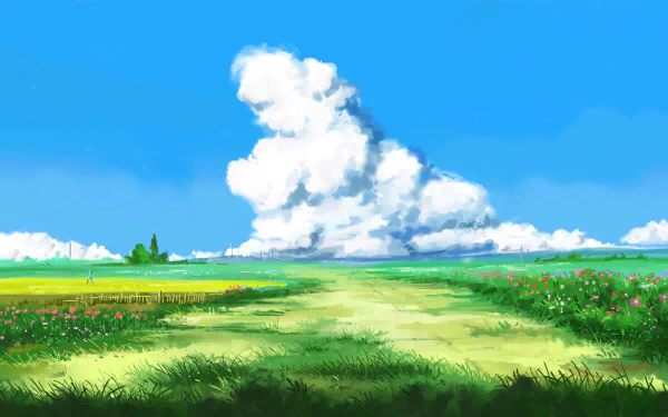 Anime-style HD wallpaper featuring a lush green field with colorful flowers under a bright blue sky and large, fluffy clouds.