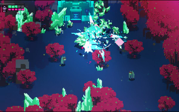 HD desktop wallpaper featuring a scene from Hyper Light Drifter with vibrant crystals and flora against a dark background.