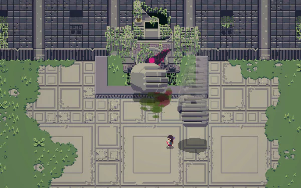 HD desktop wallpaper from Titan Souls featuring a pixelated character approaching a large, mysterious doorway overgrown with vines.
