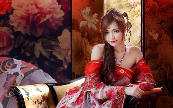 Women Asian Model Brunette Lipstick Traditional Costume Floral Dress HD Wallpaper | Background Image