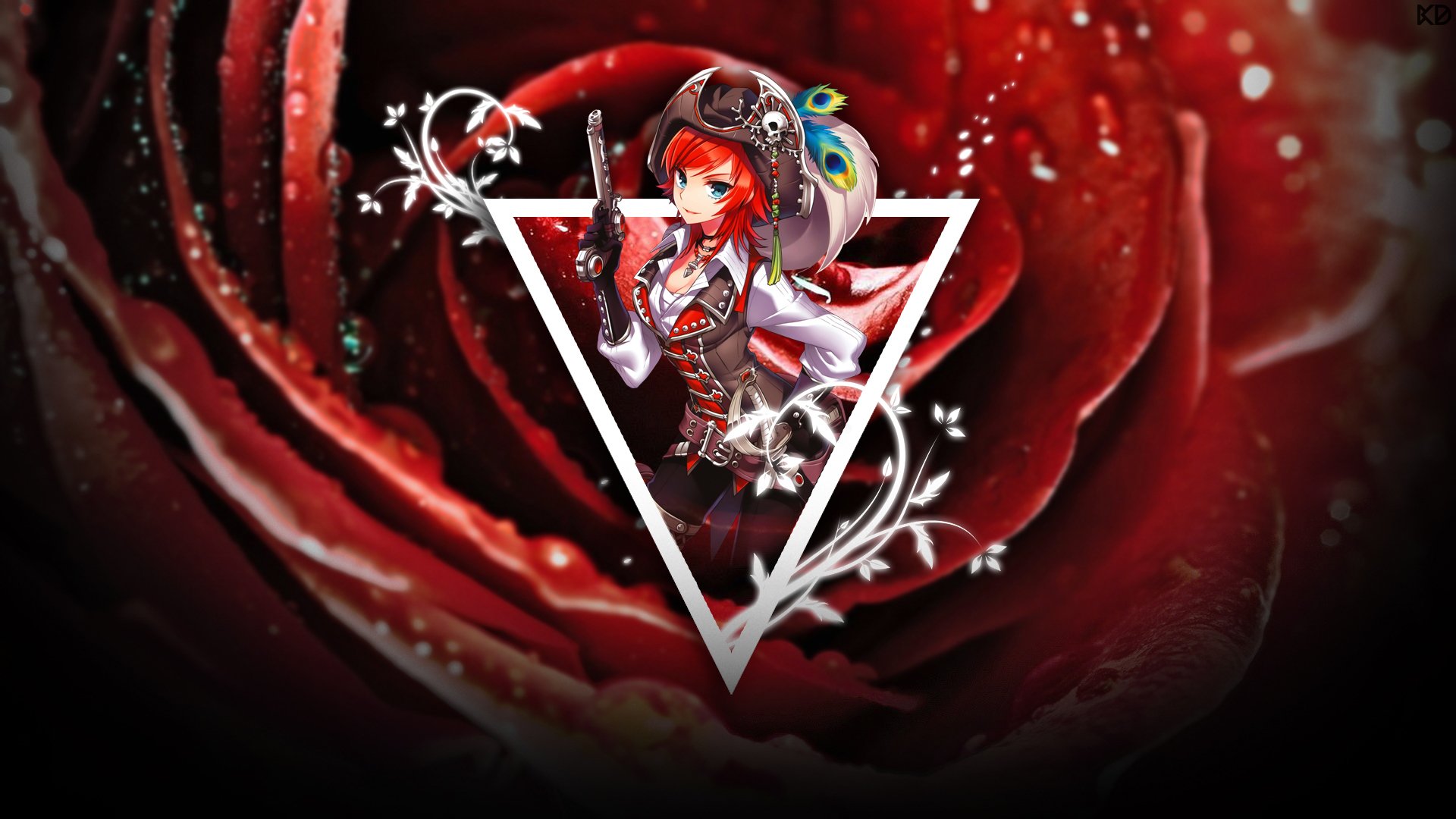 HD PC desktop wallpaper from the video game Kaku-San-Sei Million Arthur: red-haired armored heroine with peacock-feather hat and sword framed by a white triangle over a dewy red rose.
