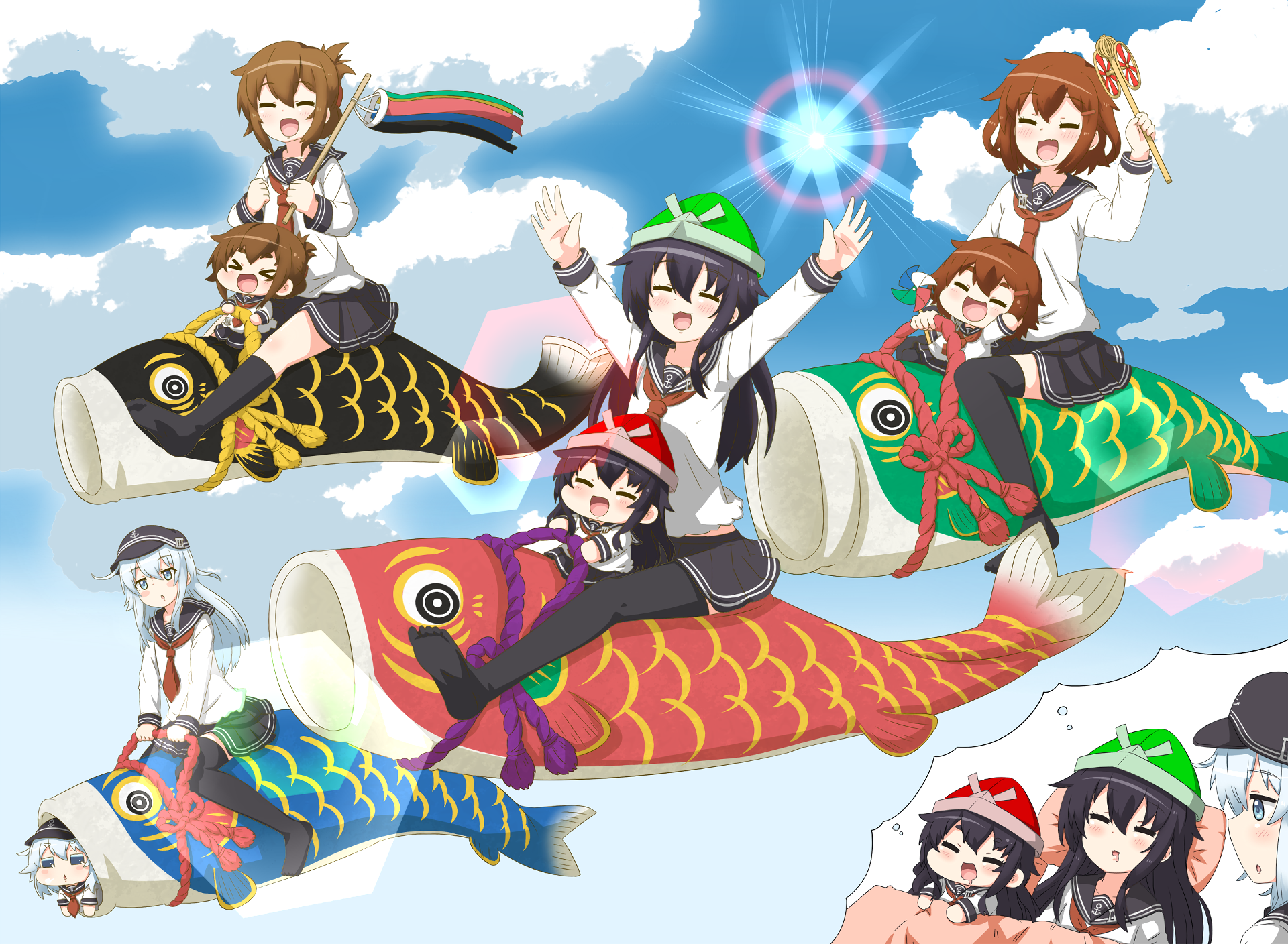 Anime characters Hibiki, Akatsuki, Inazuma, and Ikazuchi from Kantai Collection enjoying a colorful, vibrant sky scene on giant koinobori. HD desktop wallpaper and background.