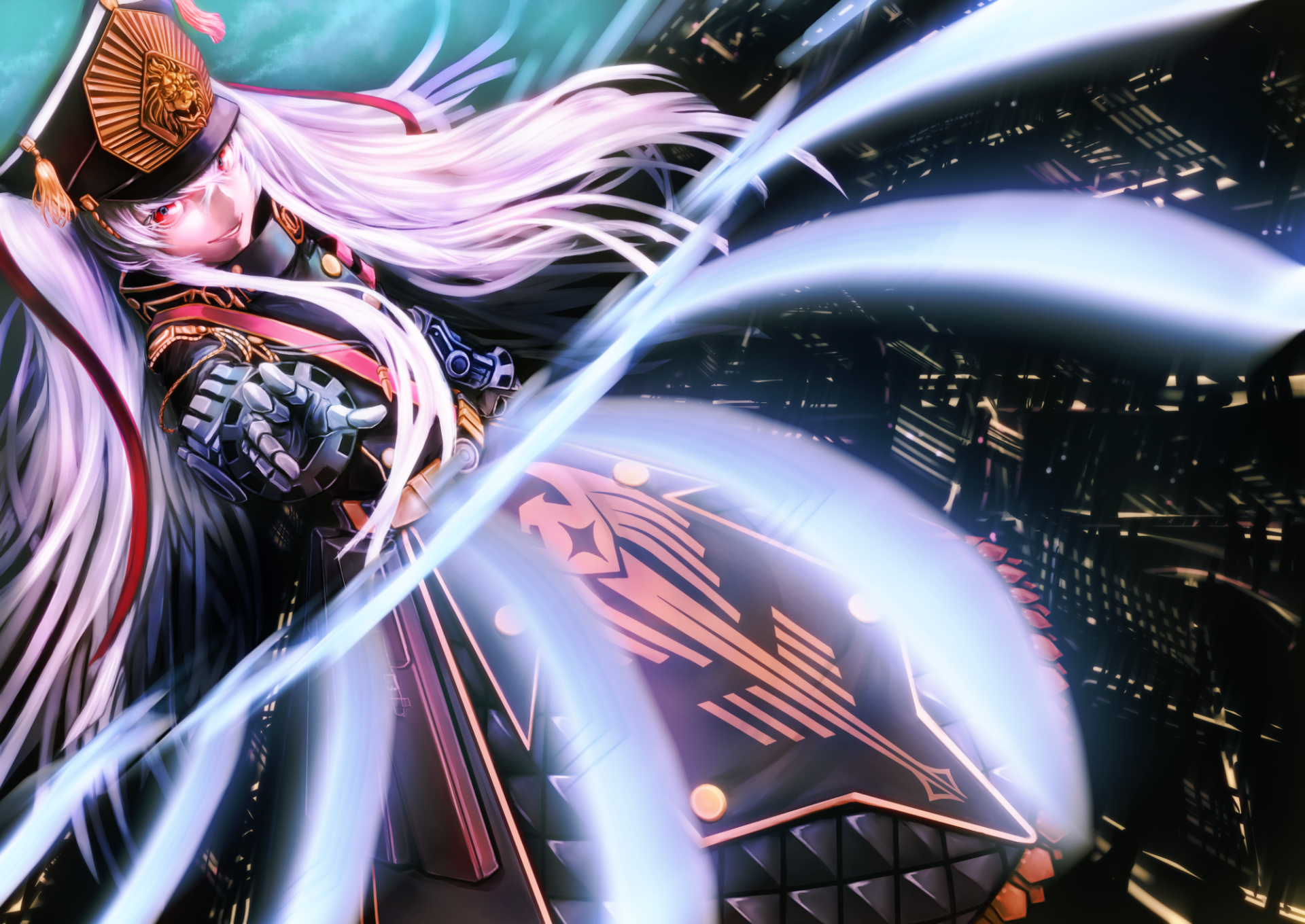 HD desktop wallpaper featuring an anime character from Gunpuku no Himegimi, Re:Creators. The character is set against a dynamic background, with flowing hair and vibrant special effects.
