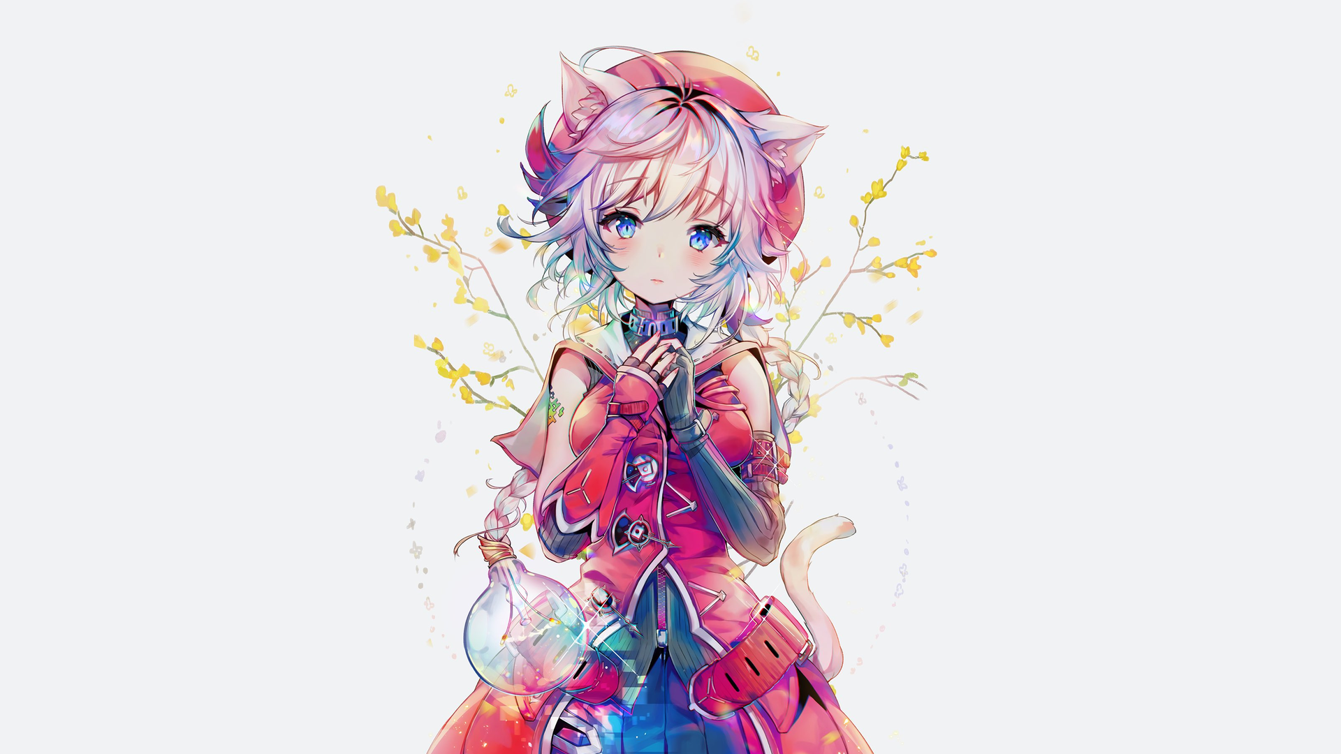 A vibrant anime character with pink hair and cat ears stands against a soft background, holding flowers and a potion, creating a captivating HD desktop wallpaper.