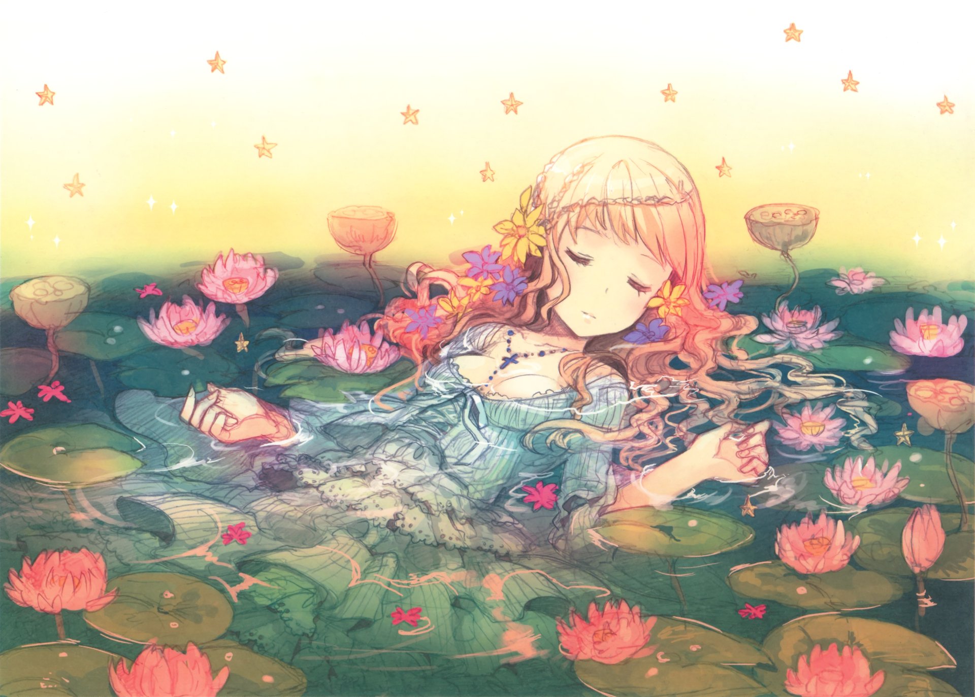 Download Blue Dress Cross Necklace Flower Dress Water Lily Water Sleeping Lying Down Anime Original 4k Ultra HD Wallpaper by h2so4