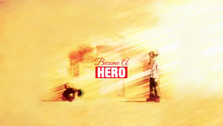 HD desktop wallpaper featuring Izuku Midoriya and All Might from My Hero Academia. The image has a warm golden background with Become A Hero written in the center.