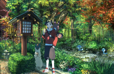 HD desktop wallpaper of Ethan/Gold from Pokémon: HeartGold and SoulSilver with Sentret, Quilava, and Wooper in a lush, vibrant garden setting.