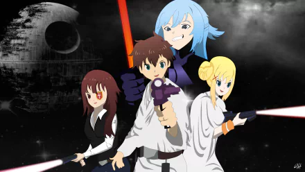 HD PC wallpaper featuring KonoSuba characters Aqua, Darkness, Megumin, and Kazuma Satou dressed as Star Wars heroes with the Death Star in the background.