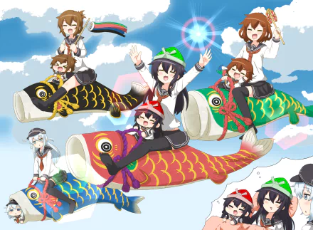 Anime characters Hibiki, Akatsuki, Inazuma, and Ikazuchi from Kantai Collection enjoying a colorful, vibrant sky scene on giant koinobori. HD desktop wallpaper and background.