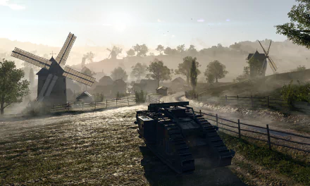 HD PC desktop wallpaper of Battlefield 1 video game: a WWI tank moves across a misty rural battlefield with windmills and rolling hills at dawn.